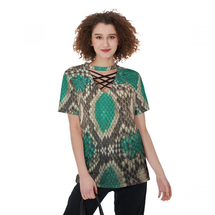 All-Over Print V-Neck String Short Sleeve Shirt - Image 3