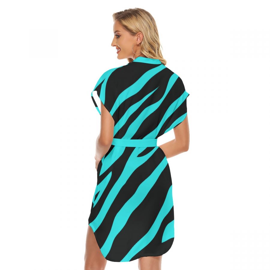 All-Over Print Women's Stand-up Collar Casual Dress With Belt - Image 3