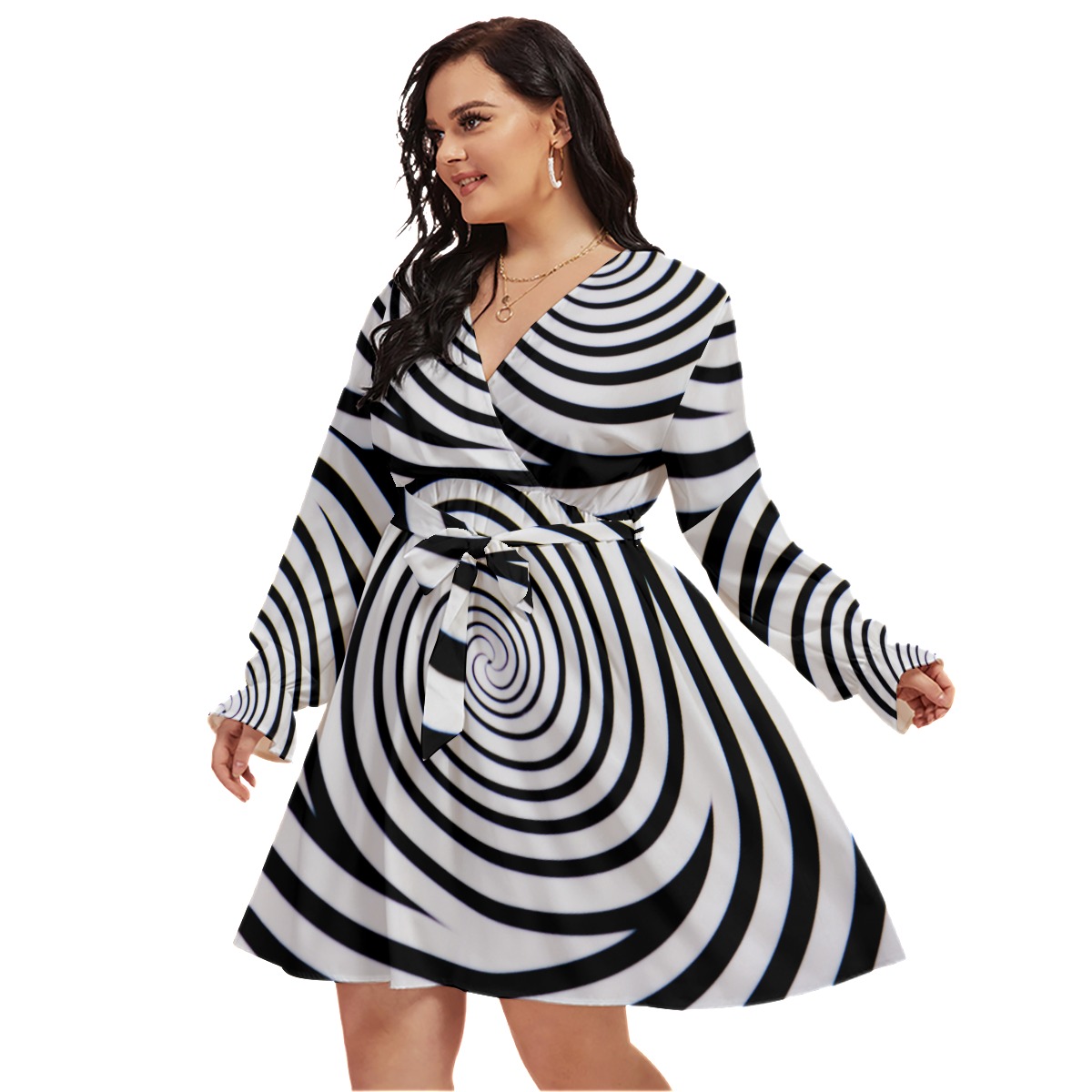 All-Over Print Women's V-neck Dress With Waistband(Plus Size) - Image 4