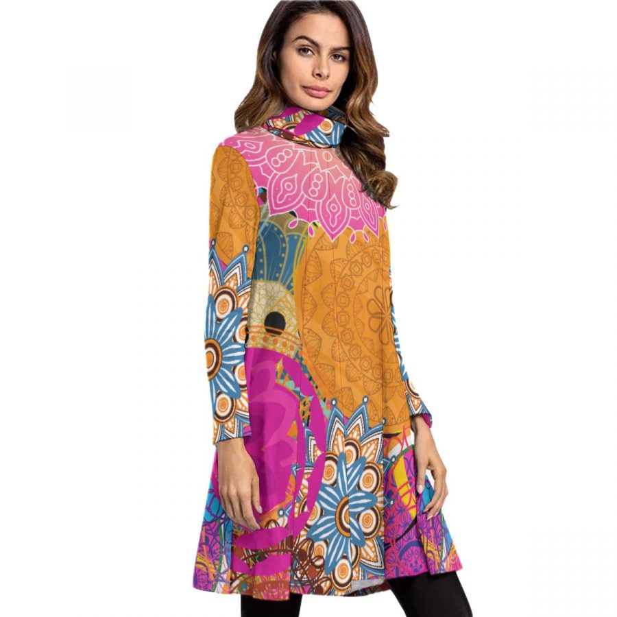 All-Over Print Women's High Neck Dress With Long Sleeve - Image 2
