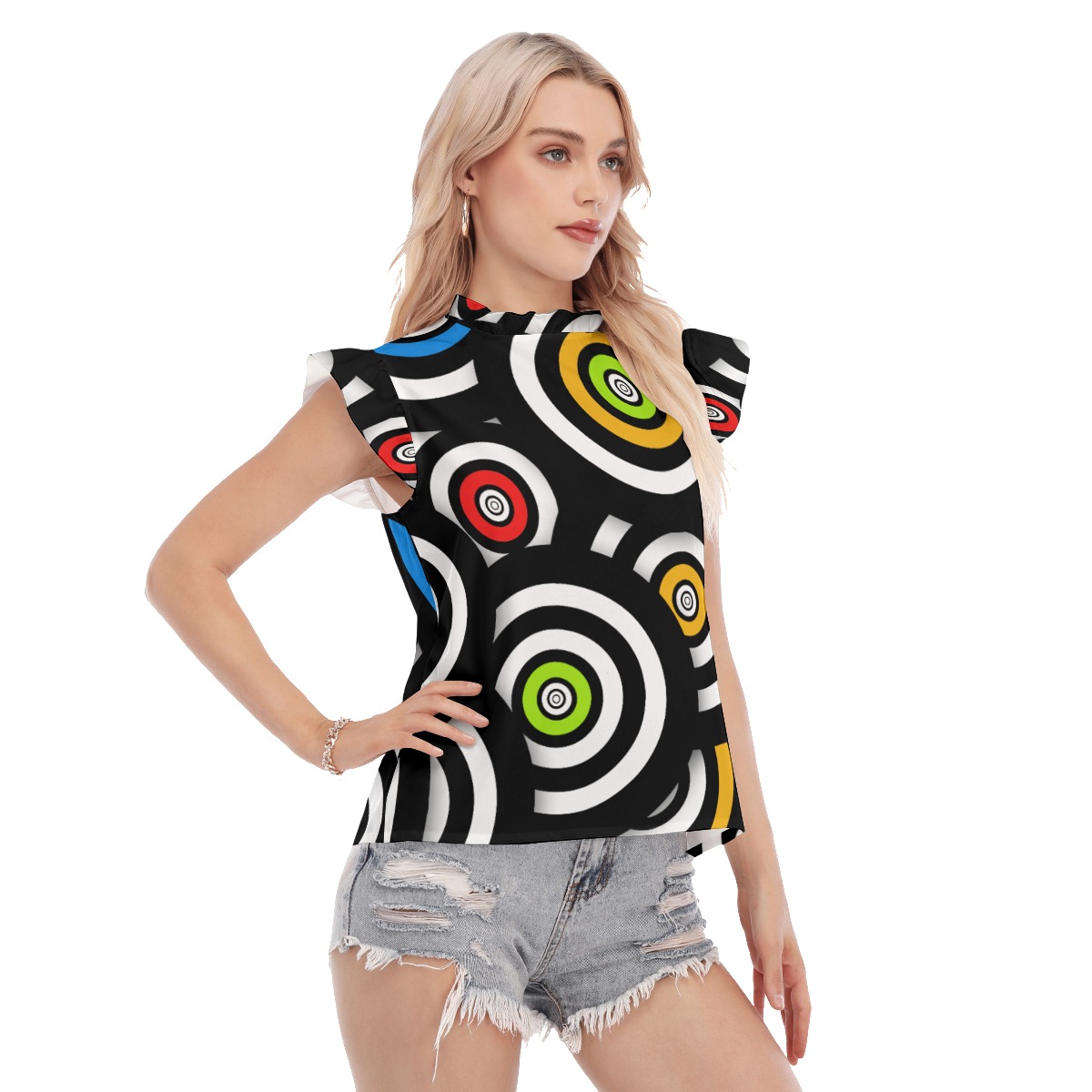 All-Over Print Women's Blouse With Ruffle Collar And Sleeve