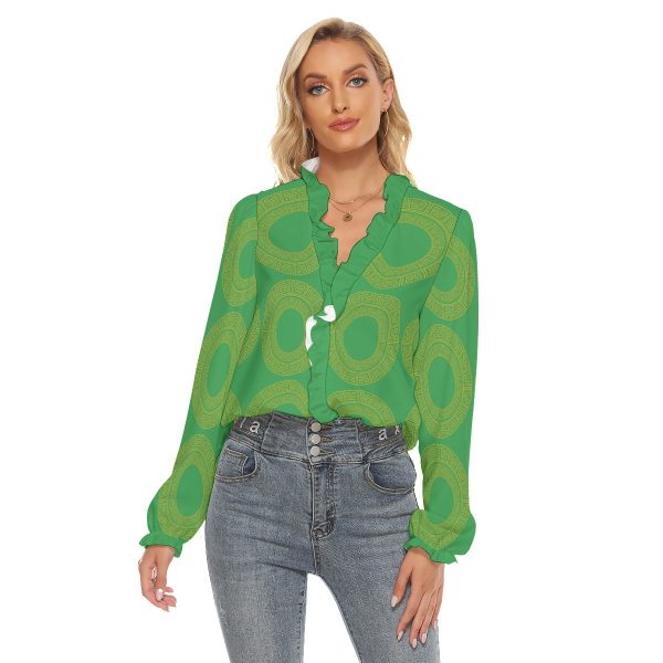 All-Over Print Women's Pleated Collar V-neck Shirt
