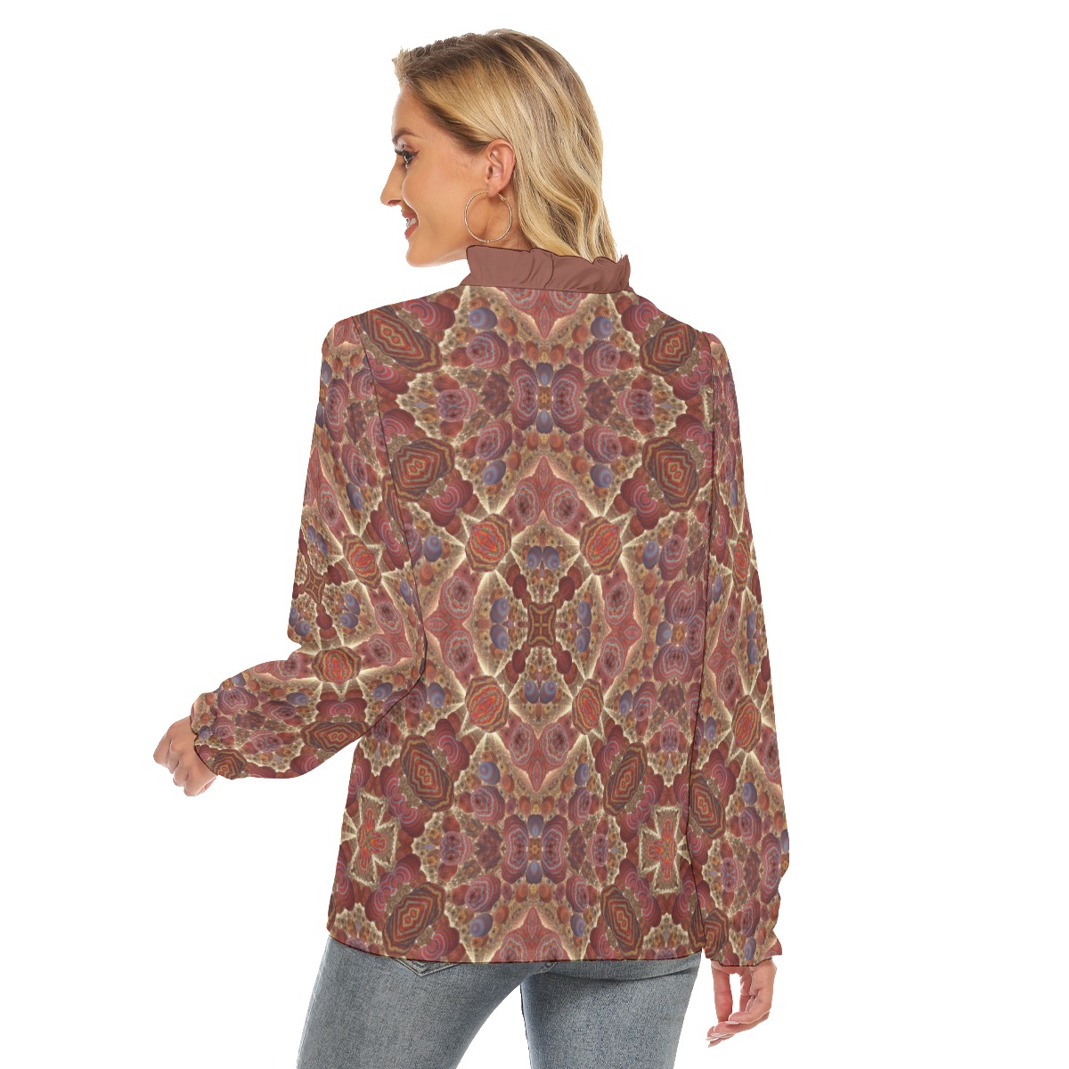 All-Over Print Women's Pleated Collar V-neck Shirt - Image 4