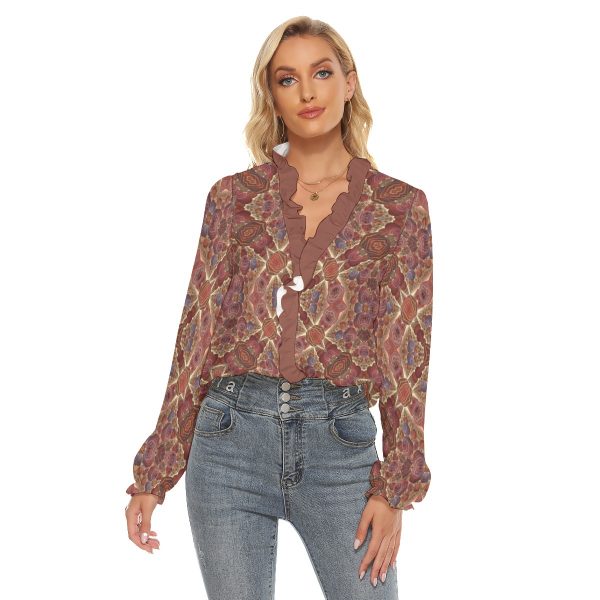 All-Over Print Women's Pleated Collar V-neck Shirt