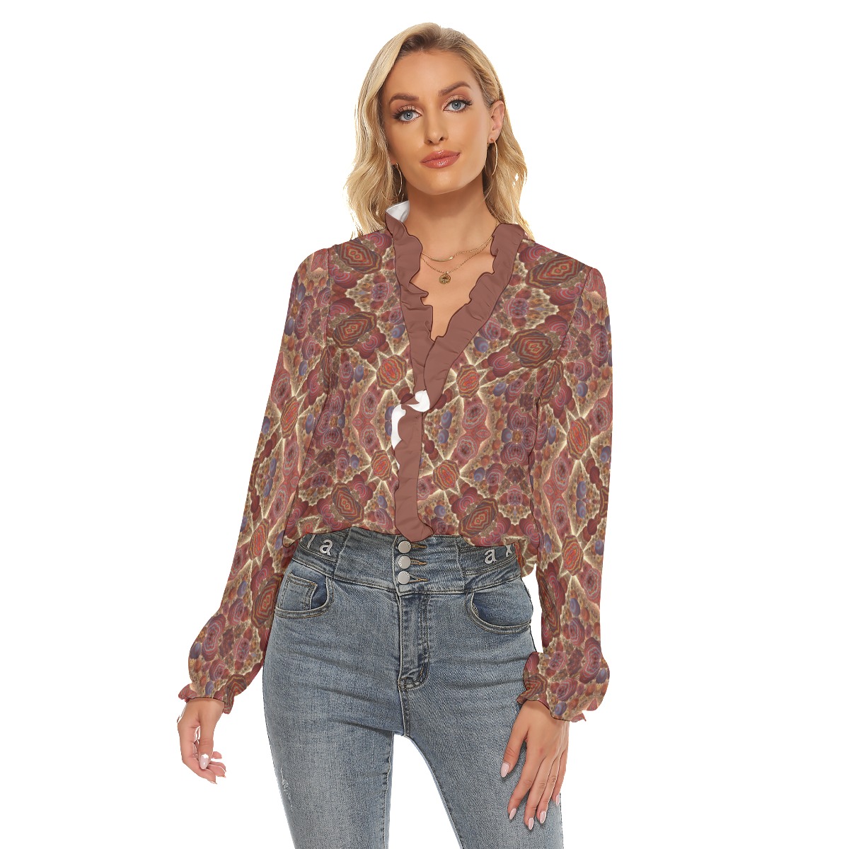 All-Over Print Women's Pleated Collar V-neck Shirt