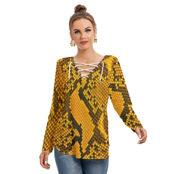 All-Over Print Women's Long Sleeve Neckline Tie Sweatshirt