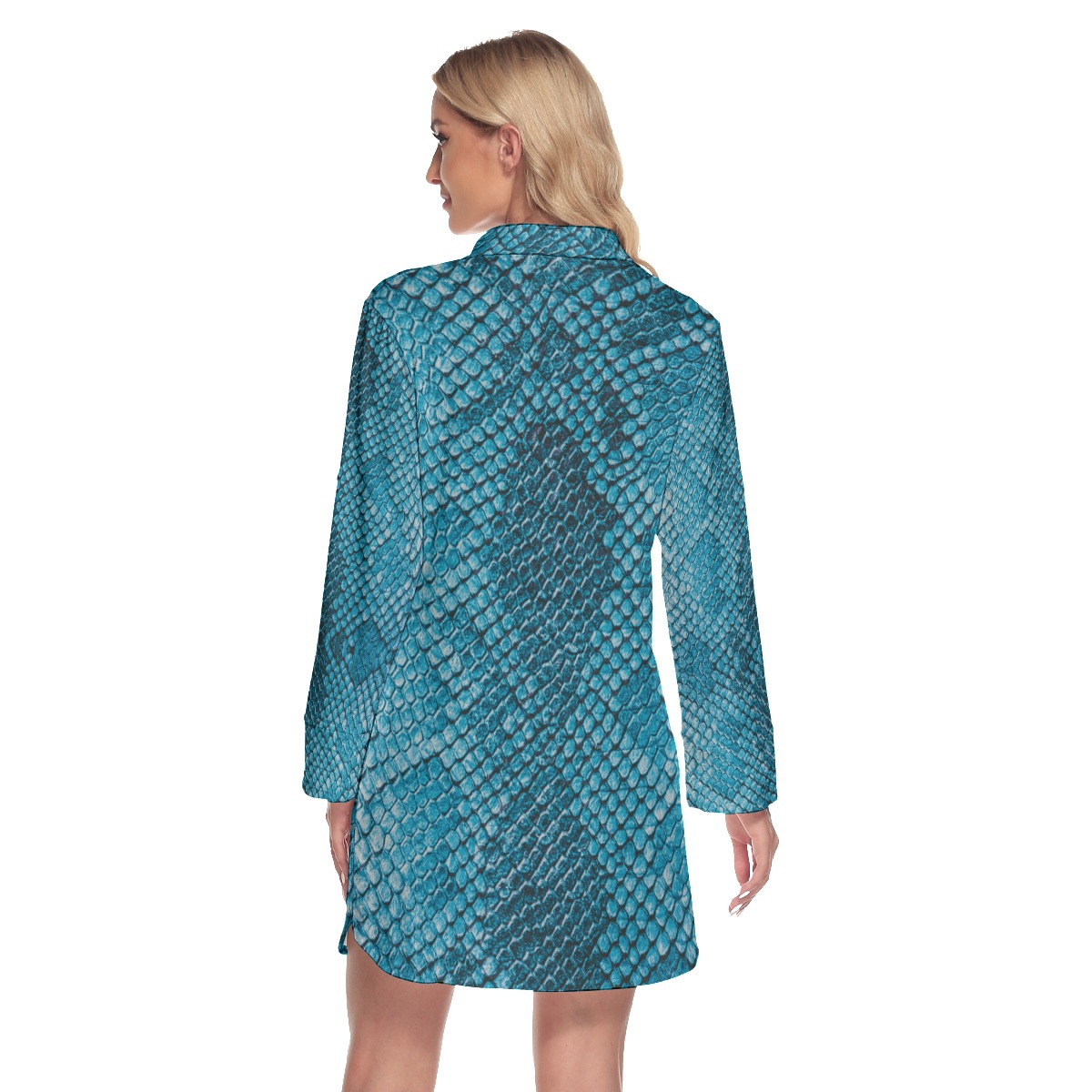 All-Over Print Women's Lapel Shirt Dress With Long Sleeve - Image 4