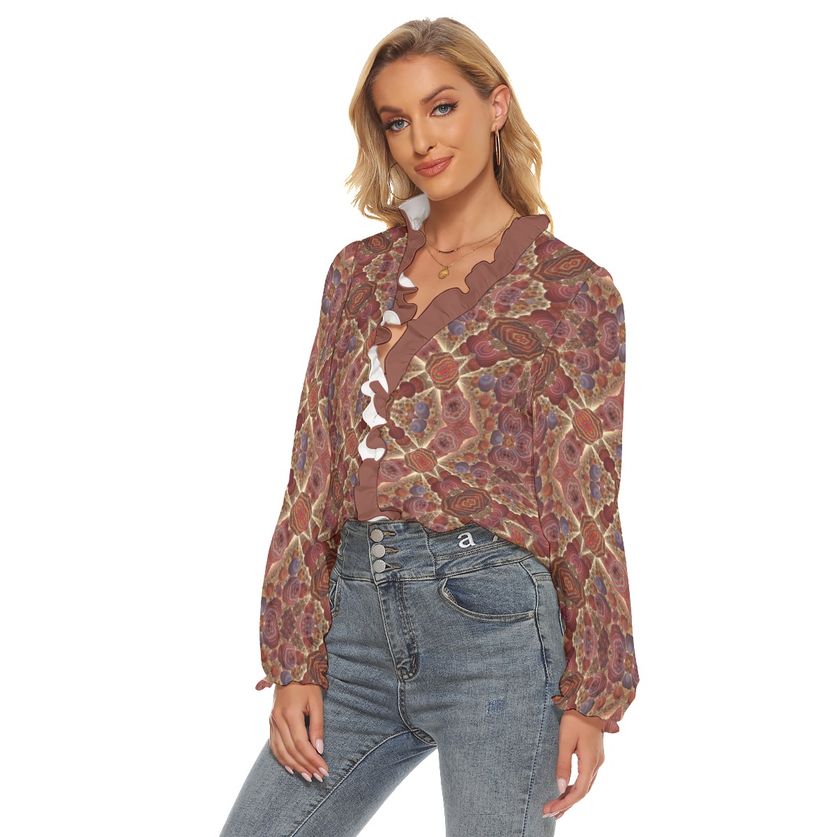All-Over Print Women's Pleated Collar V-neck Shirt - Image 2
