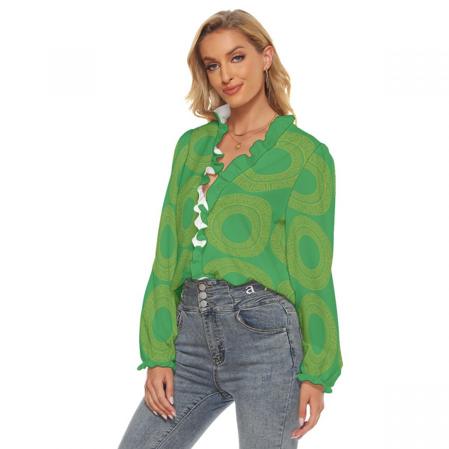 All-Over Print Women's Pleated Collar V-neck Shirt - Image 2