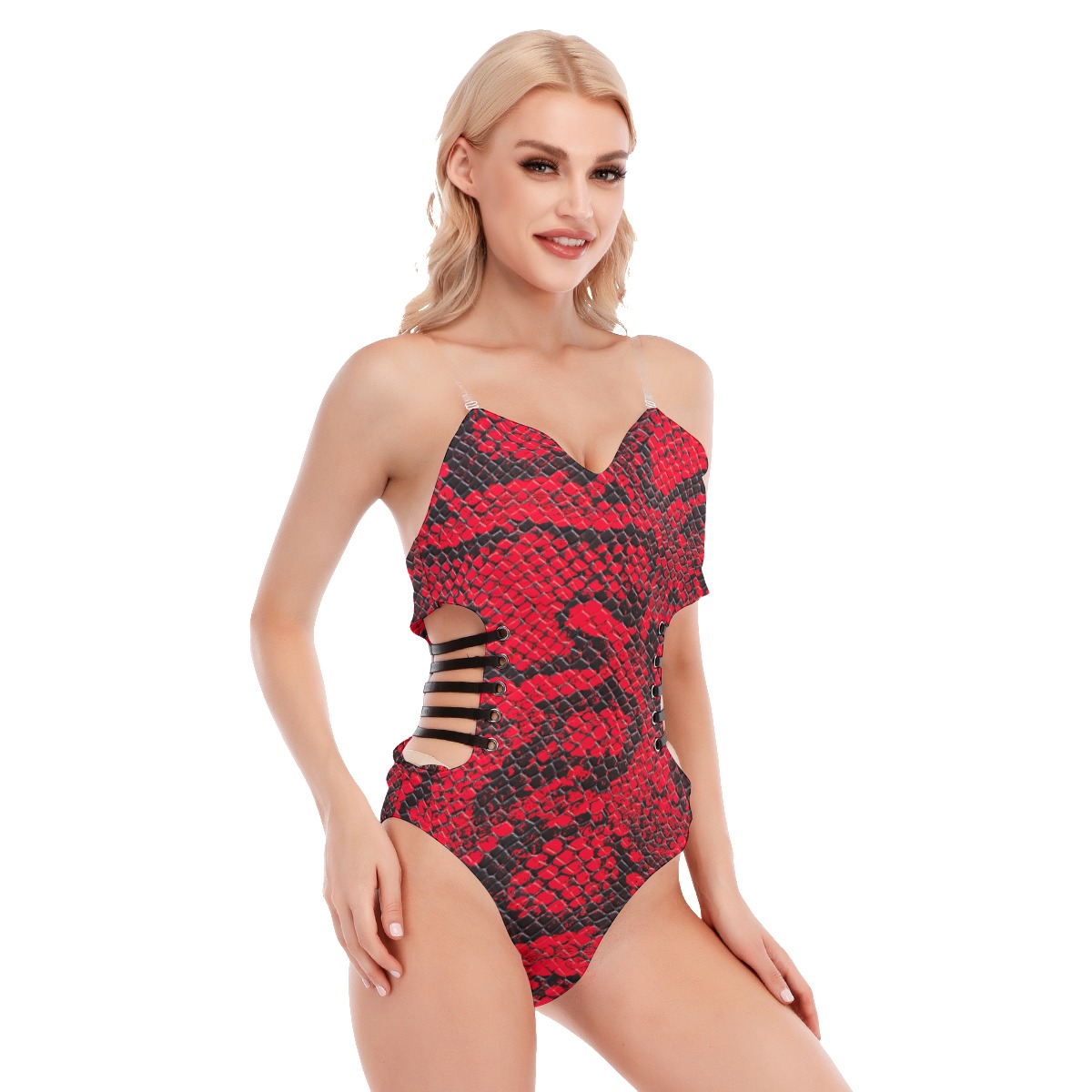 All-Over Print Women's Tube Top Bodysuit With Side Black Straps - Image 2