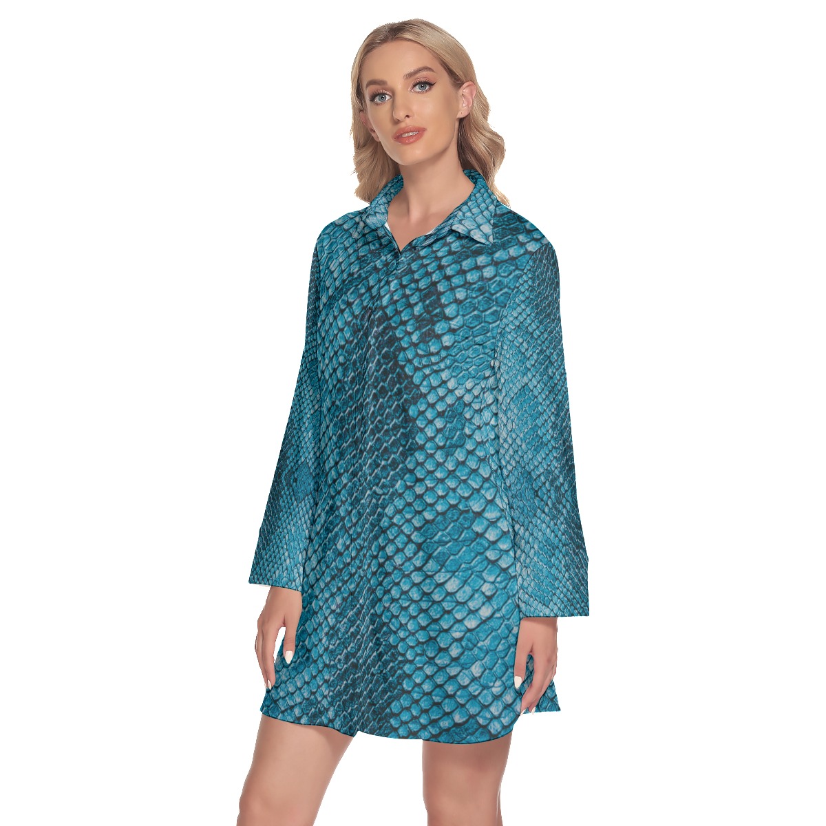 All-Over Print Women's Lapel Shirt Dress With Long Sleeve - Image 2