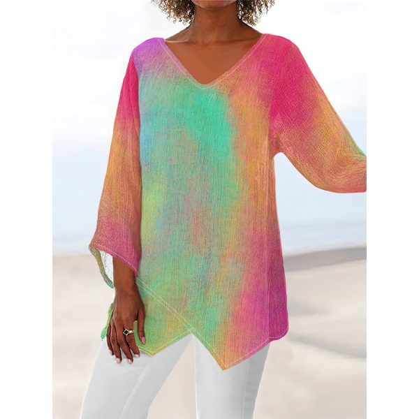 All-Over Print Women's V-neck T-shirt With Irregular Hem