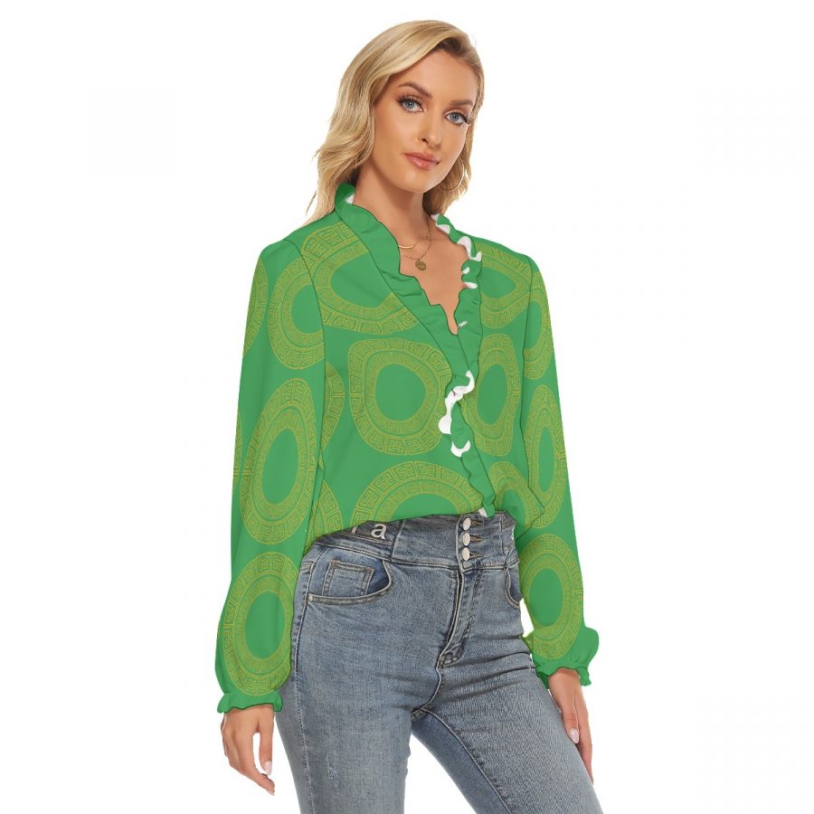 All-Over Print Women's Pleated Collar V-neck Shirt - Image 3