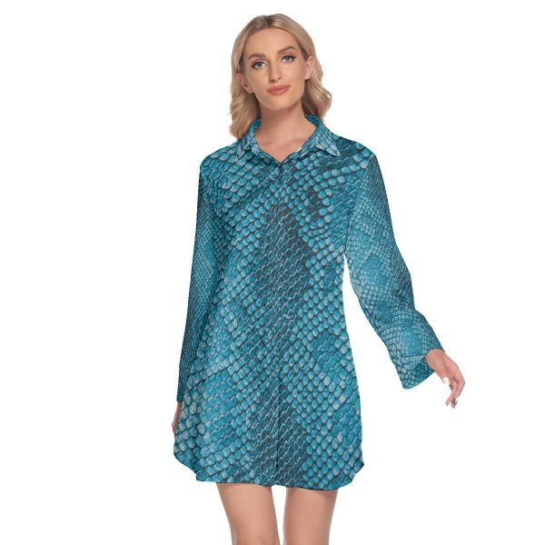 All-Over Print Women's Lapel Shirt Dress With Long Sleeve