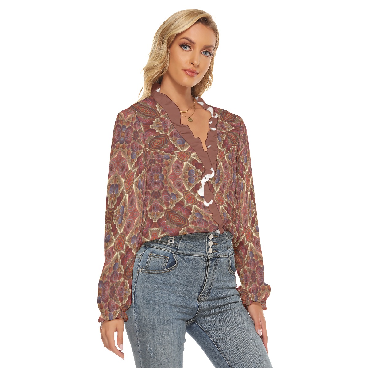 All-Over Print Women's Pleated Collar V-neck Shirt - Image 3