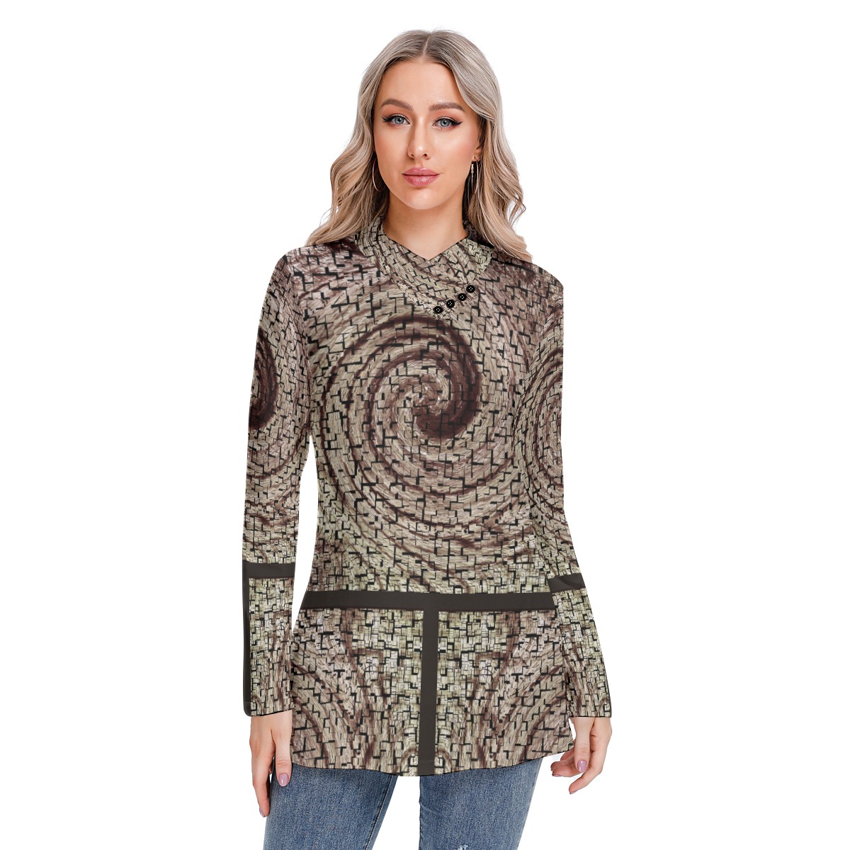All-Over Print Women's Long-sleeved Heap-neck Slim Casual Tunic Blouse