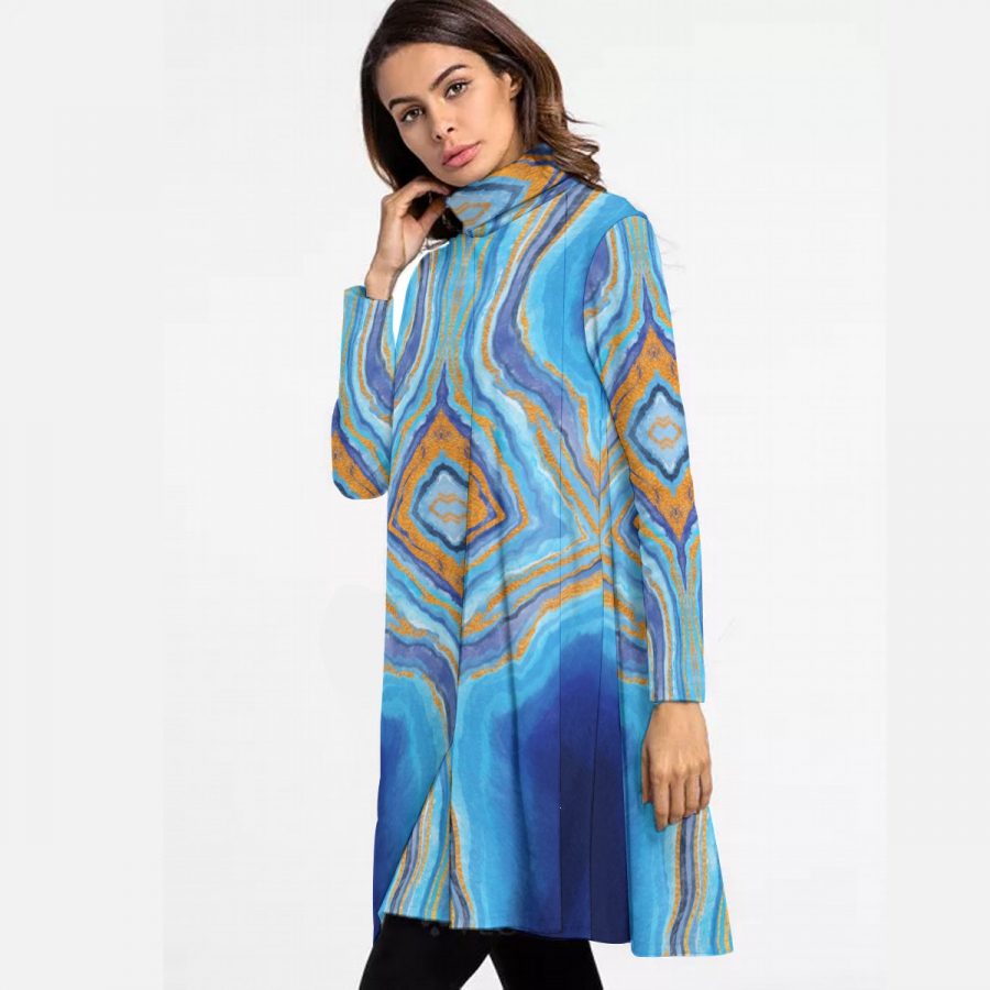 All-Over Print Women's High Neck Dress With Long Sleeve - Image 3