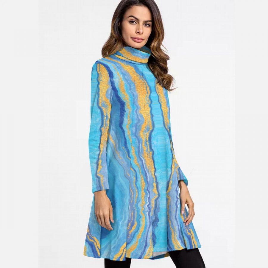 All-Over Print Women's High Neck Dress With Long Sleeve - Image 2