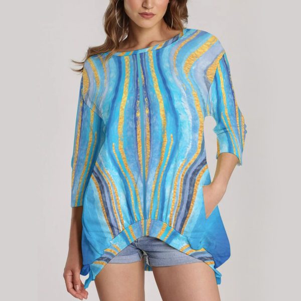 All-Over Print Women's Sweatshirt With Irregular Pleated Hem