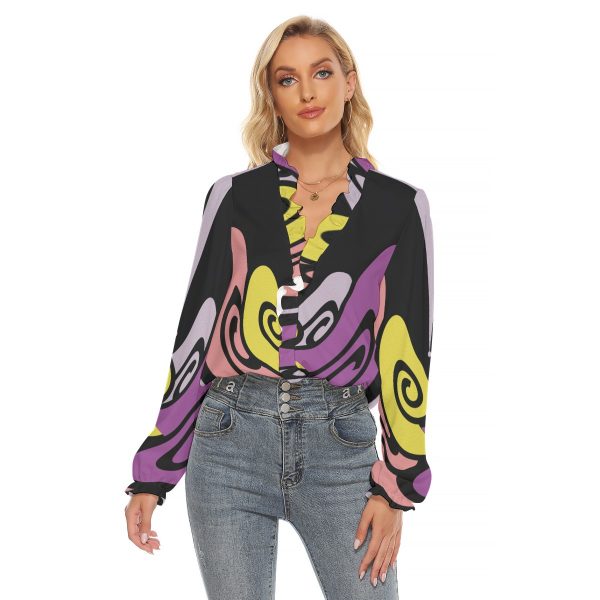 All-Over Print Women's Pleated Collar V-neck Shirt