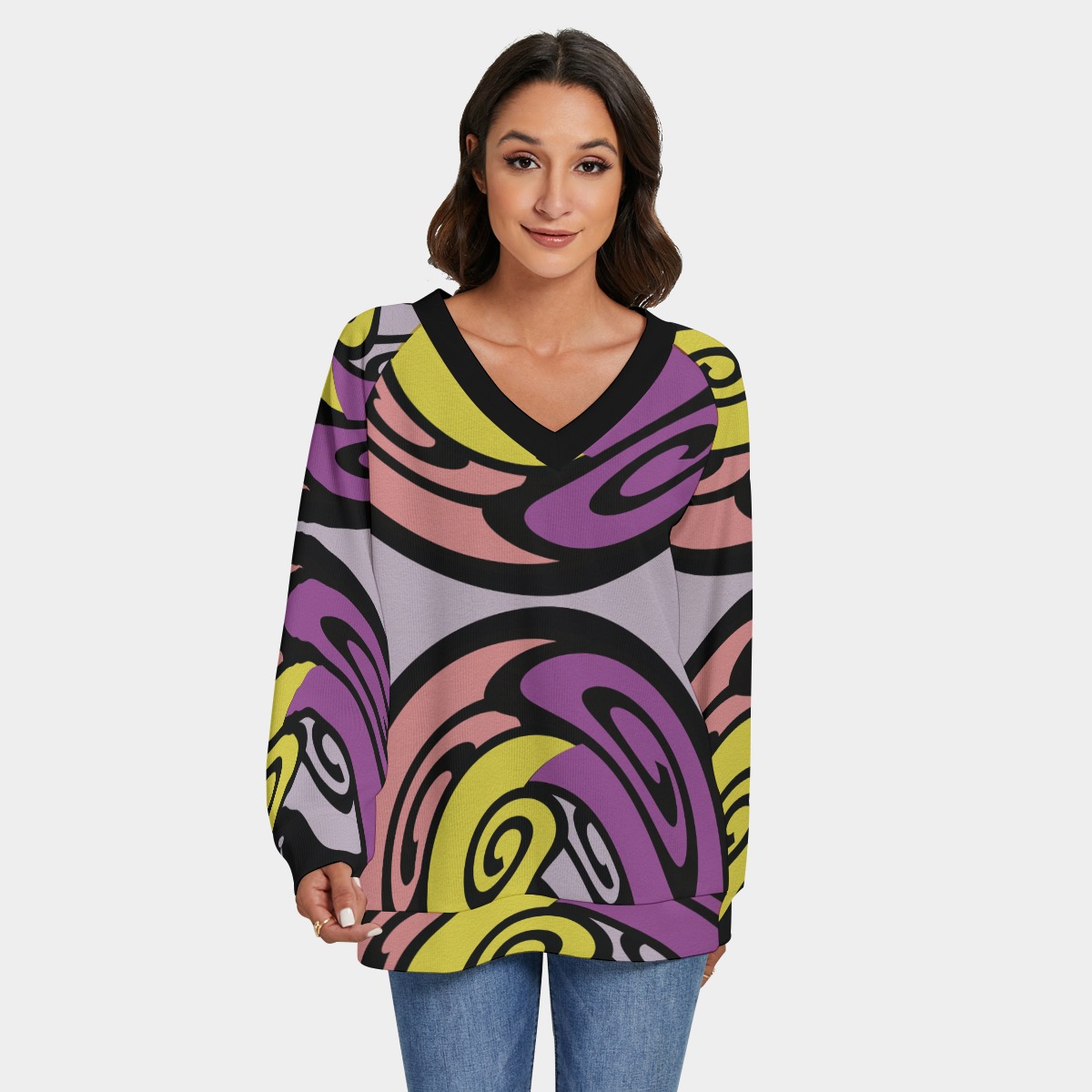 All-Over Print Women's V-neck Imitation Knitted Sweater With Long Sleeve