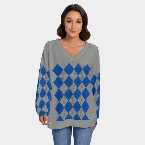 All-Over Print Women's V-neck Imitation Knitted Sweater With Long Sleeve