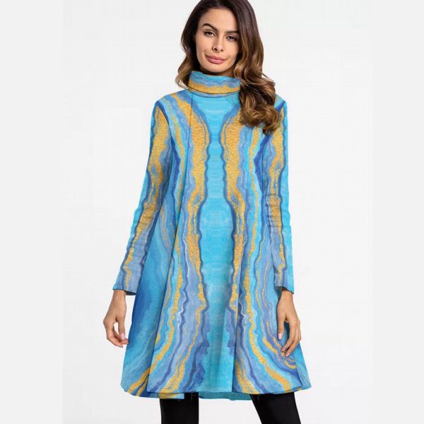 All-Over Print Women's High Neck Dress With Long Sleeve
