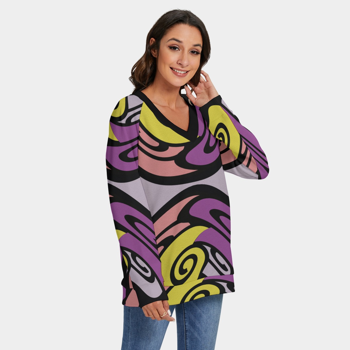 All-Over Print Women's V-neck Imitation Knitted Sweater With Long Sleeve - Image 2