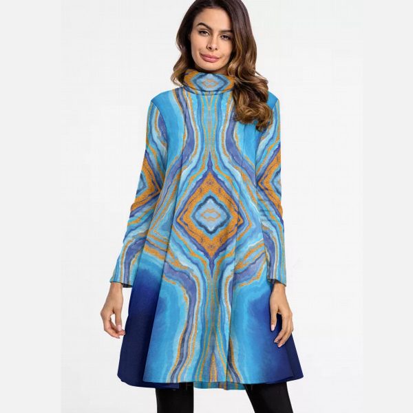 All-Over Print Women's High Neck Dress With Long Sleeve