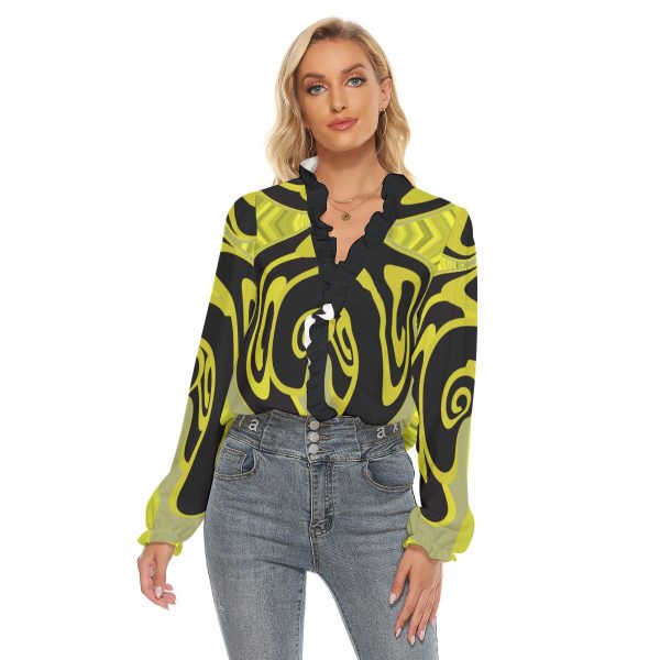 All-Over Print Women's Pleated Collar V-neck Shirt