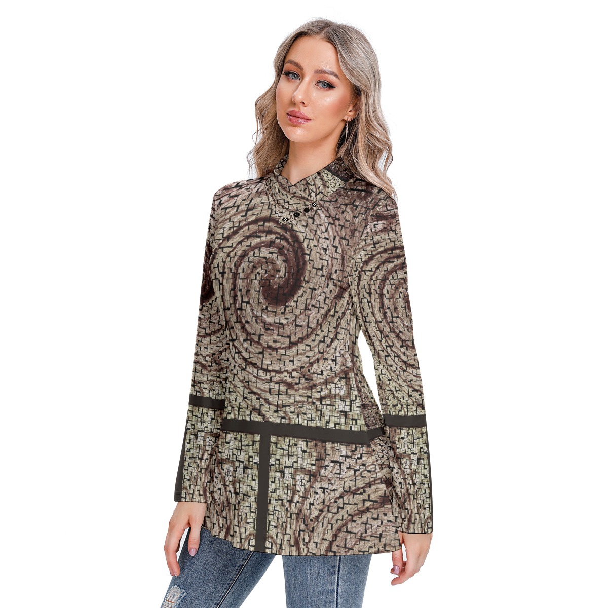 All-Over Print Women's Long-sleeved Heap-neck Slim Casual Tunic Blouse - Image 2