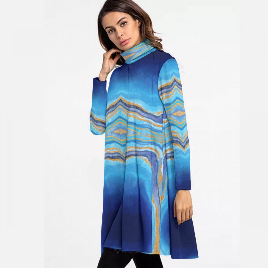 All-Over Print Women's High Neck Dress With Long Sleeve - Image 3