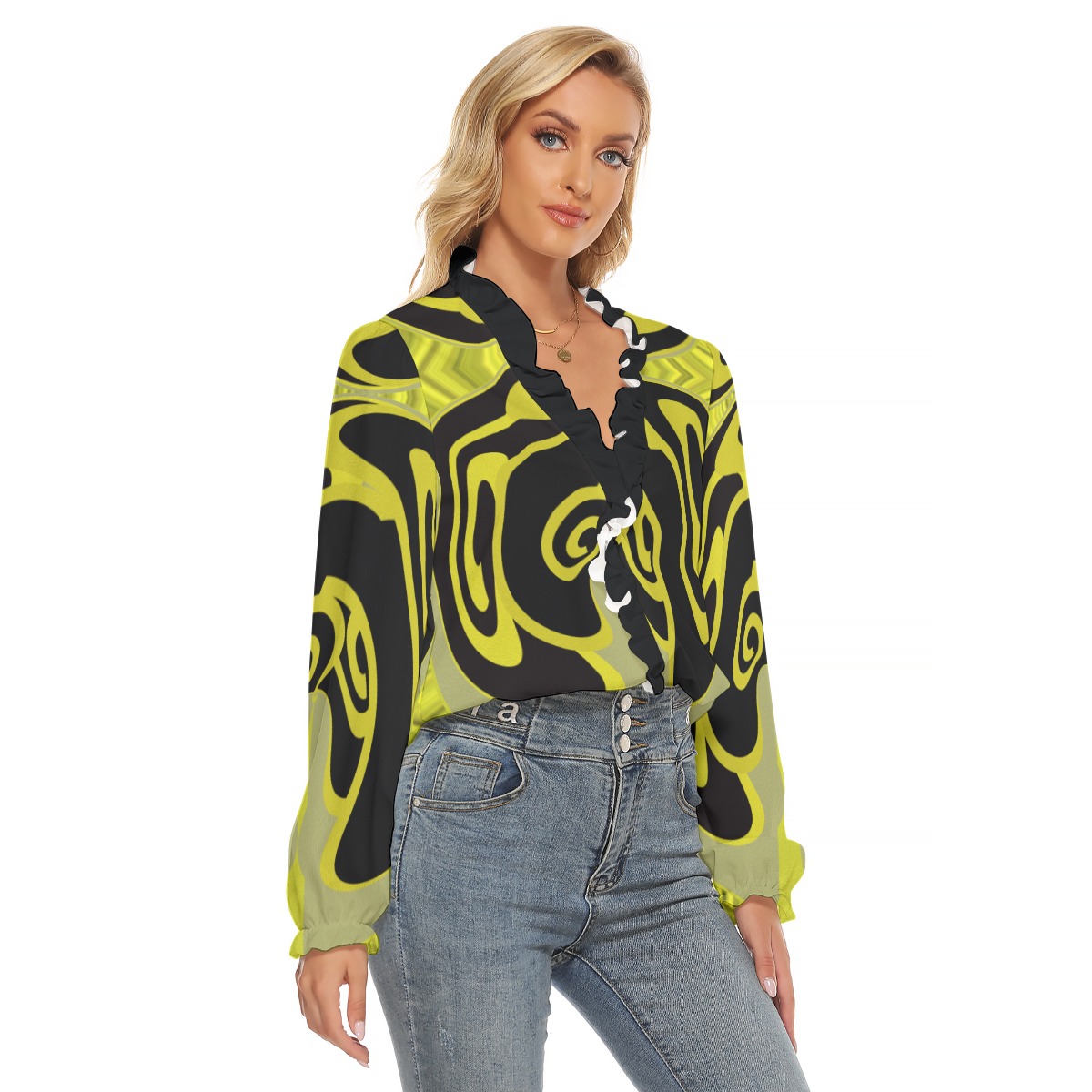 All-Over Print Women's Pleated Collar V-neck Shirt - Image 3