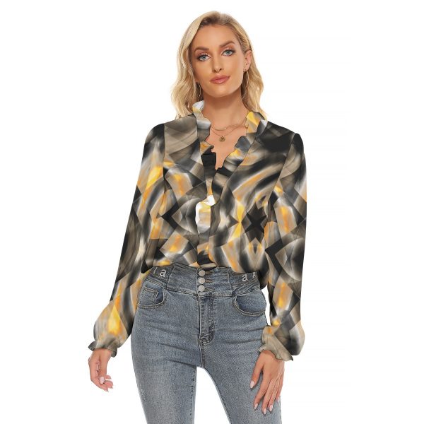All-Over Print Women's Pleated Collar V-neck Shirt