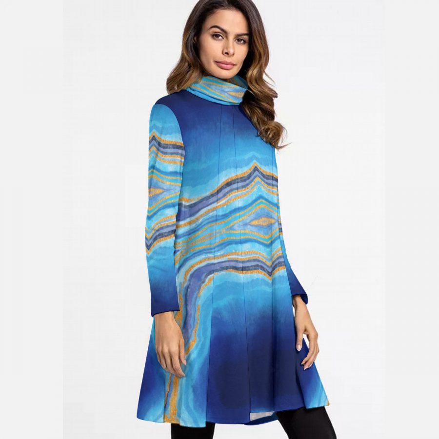 All-Over Print Women's High Neck Dress With Long Sleeve - Image 2