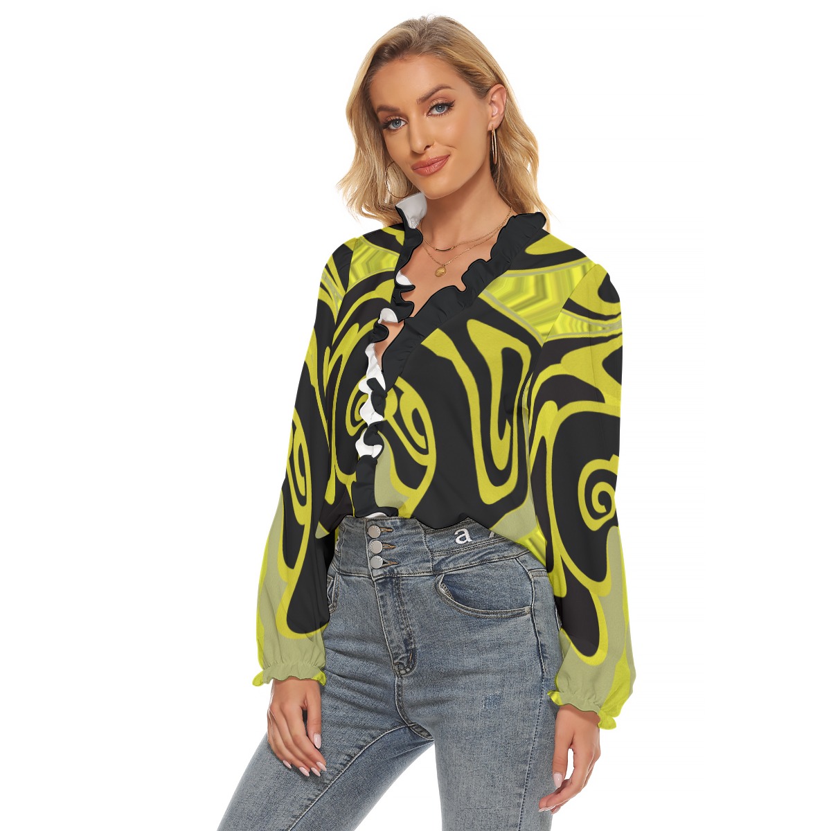 All-Over Print Women's Pleated Collar V-neck Shirt - Image 2