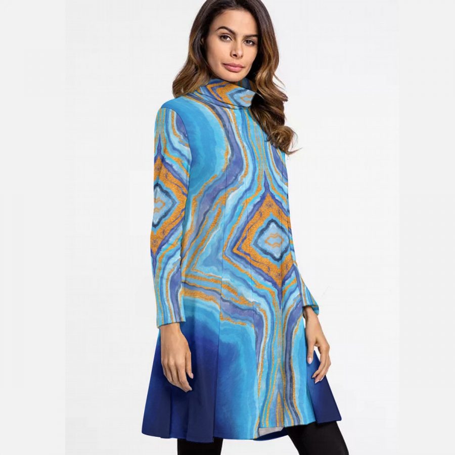 All-Over Print Women's High Neck Dress With Long Sleeve - Image 2