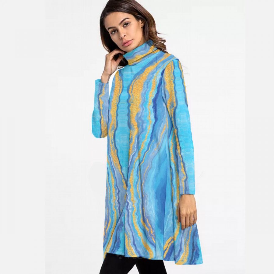 All-Over Print Women's High Neck Dress With Long Sleeve - Image 3