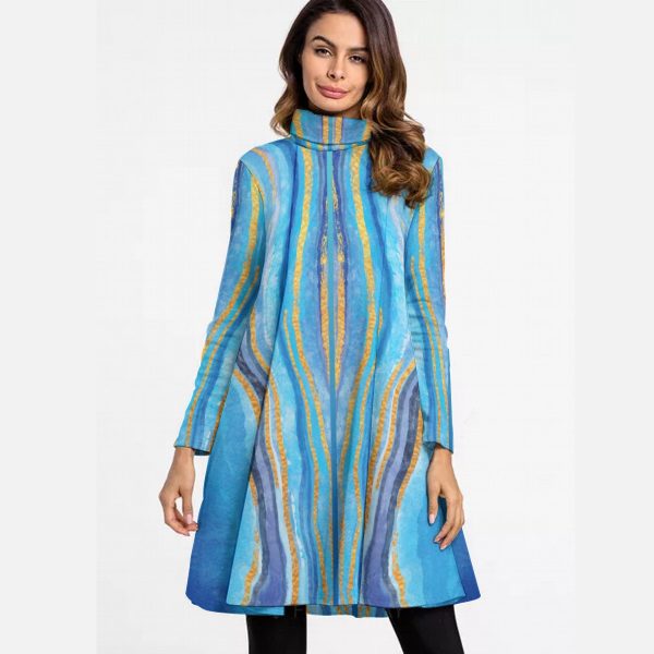 All-Over Print Women's High Neck Dress With Long Sleeve