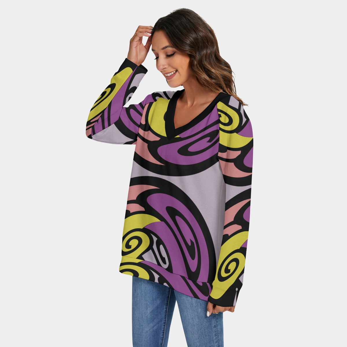 All-Over Print Women's V-neck Imitation Knitted Sweater With Long Sleeve - Image 3