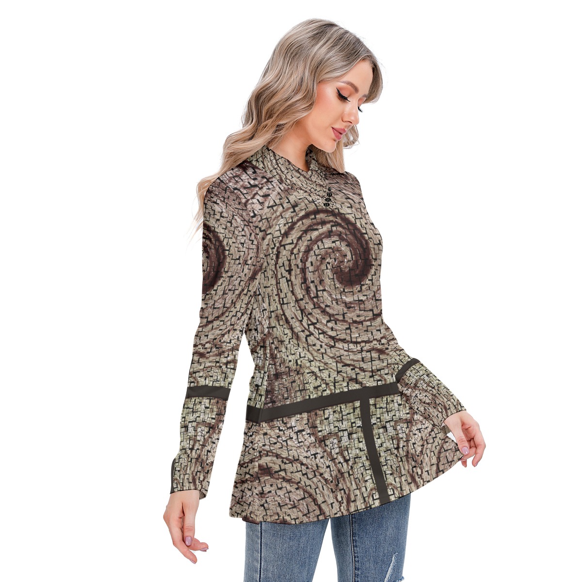 All-Over Print Women's Long-sleeved Heap-neck Slim Casual Tunic Blouse - Image 3