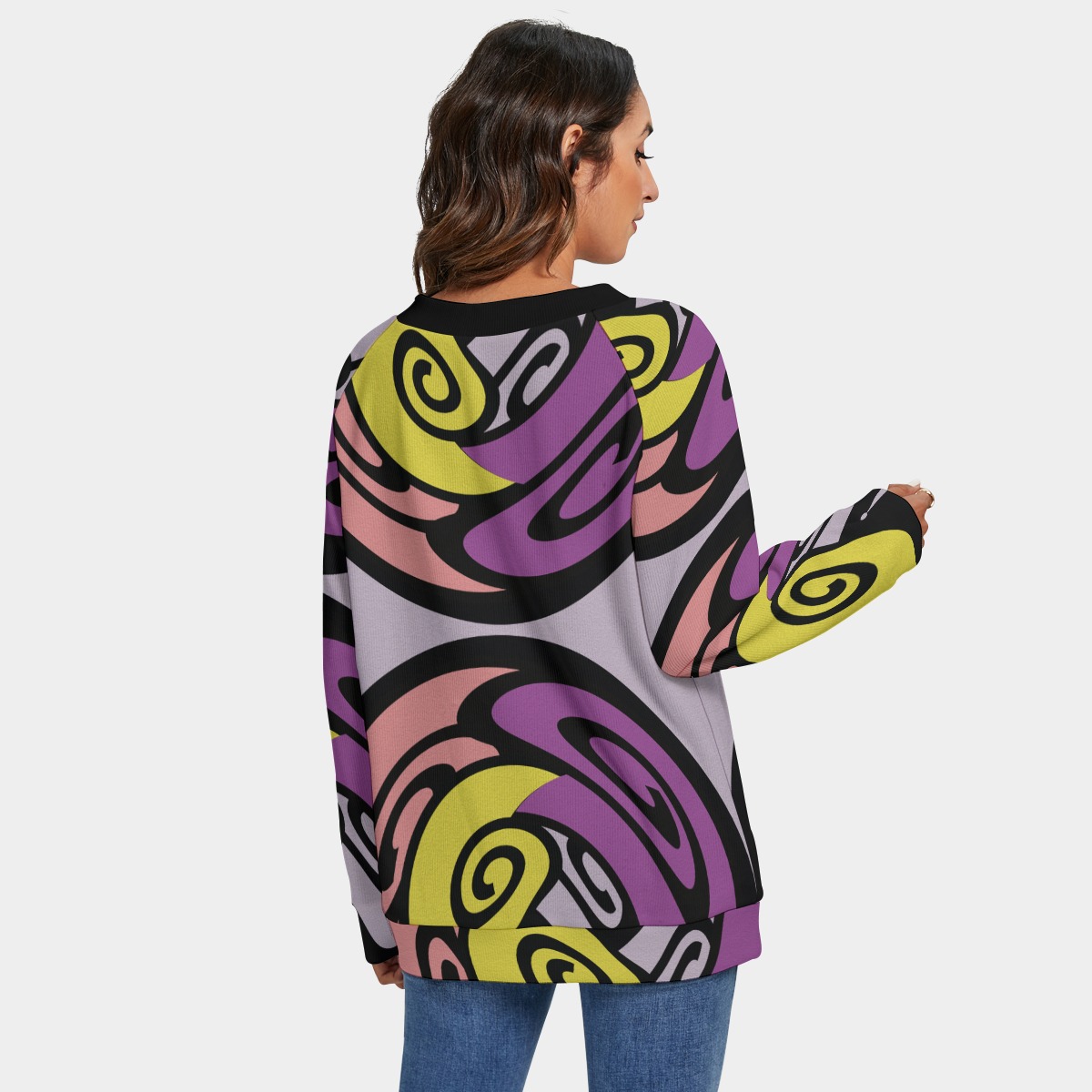 All-Over Print Women's V-neck Imitation Knitted Sweater With Long Sleeve - Image 4