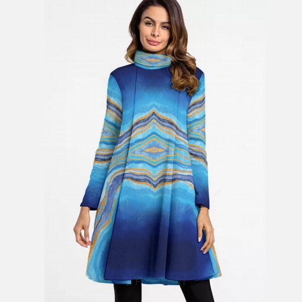 All-Over Print Women's High Neck Dress With Long Sleeve