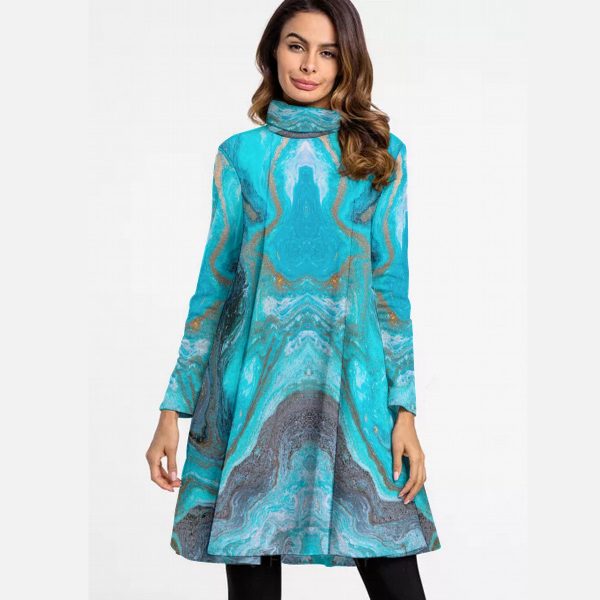 All-Over Print Women's High Neck Dress With Long Sleeve