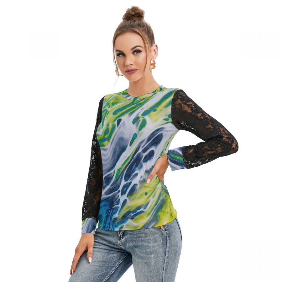 All-Over Print Women's T-shirt And Sleeve With Black Lace - Image 2