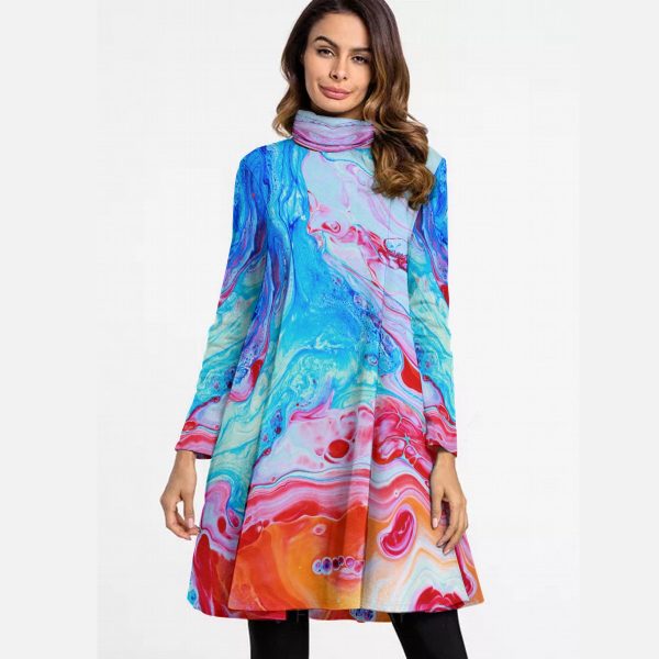 All-Over Print Women's High Neck Dress With Long Sleeve