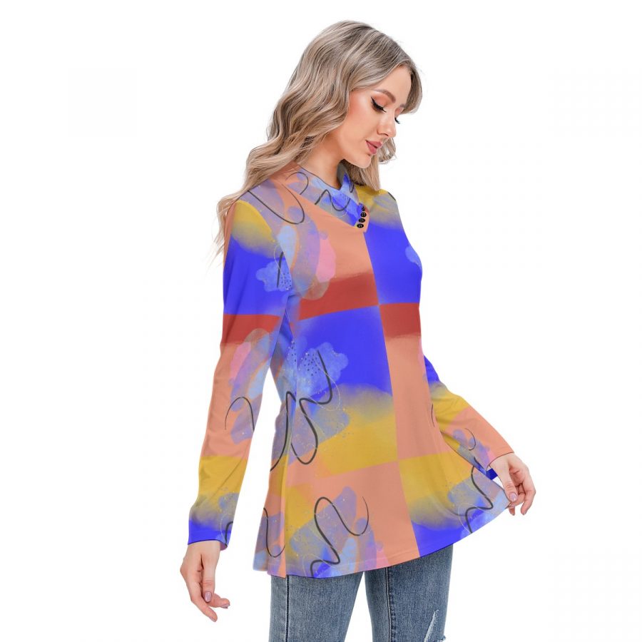 All-Over Print Women's Long-sleeved Heap-neck Slim Casual Tunic Blouse - Image 3