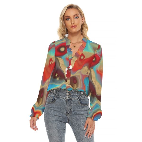 All-Over Print Women's Pleated Collar V-neck Shirt
