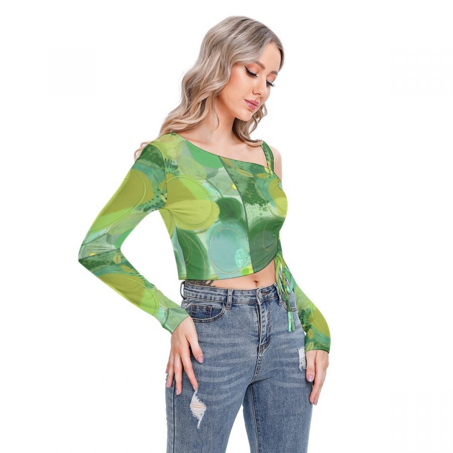 All-Over Print Women's One-shoulder Blouse With Drawstring - Image 2