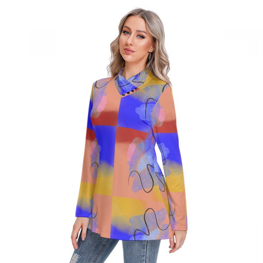All-Over Print Women's Long-sleeved Heap-neck Slim Casual Tunic Blouse - Image 2